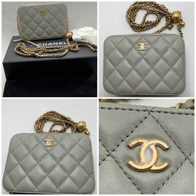 Authentic CHANEL Grey Lambskin Pearl Crush Mini Vanity Camera Bag