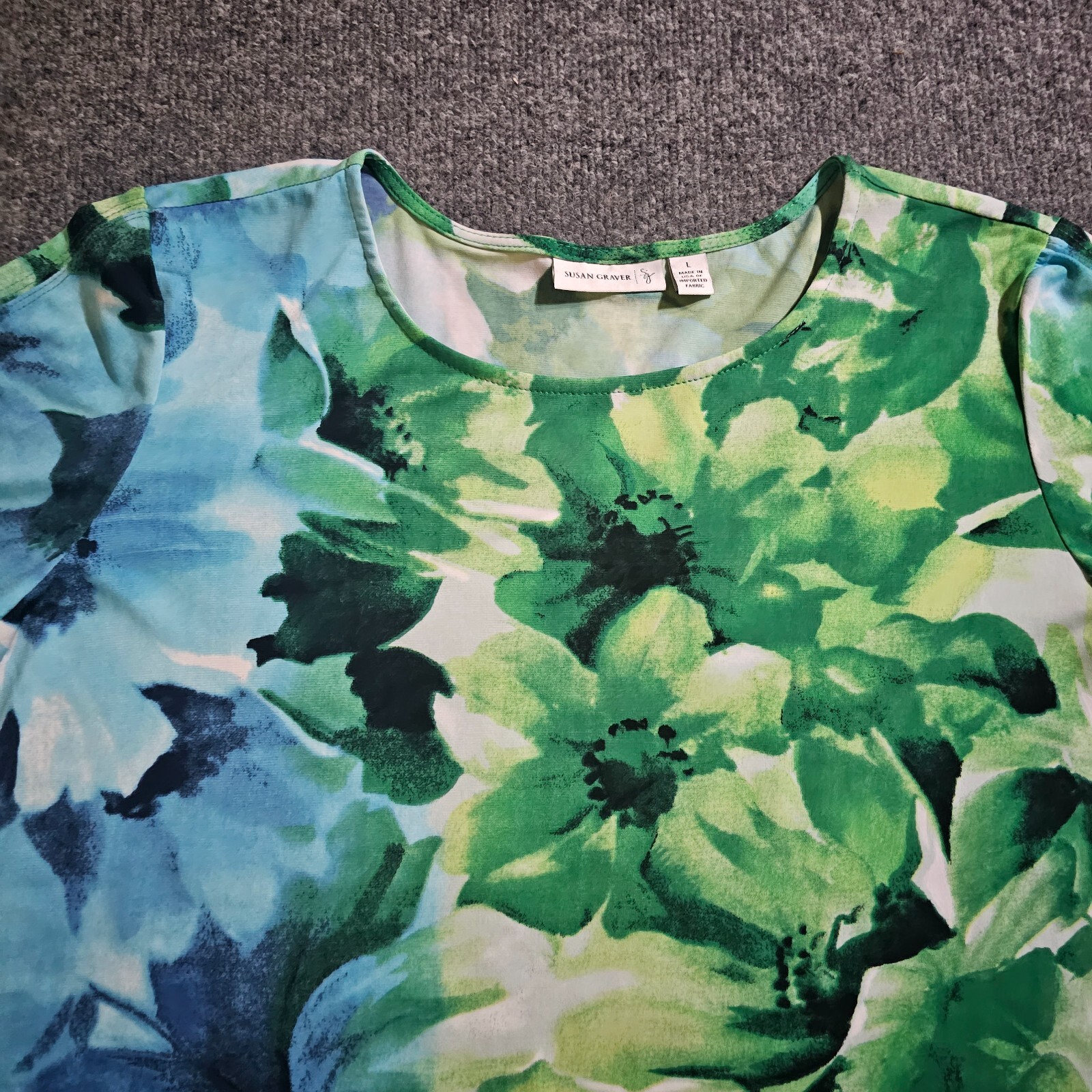 Susan Graver Top Women Large Blue Green Floral Stretch Gemstones Casual Career