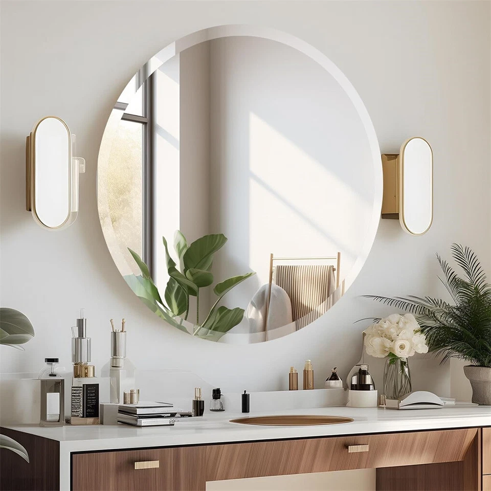 Espejo redondo biselado sin marco 24 pulgadas 32 pulgadas diámetro círculo baño espejos de pared Foto 2 de 4