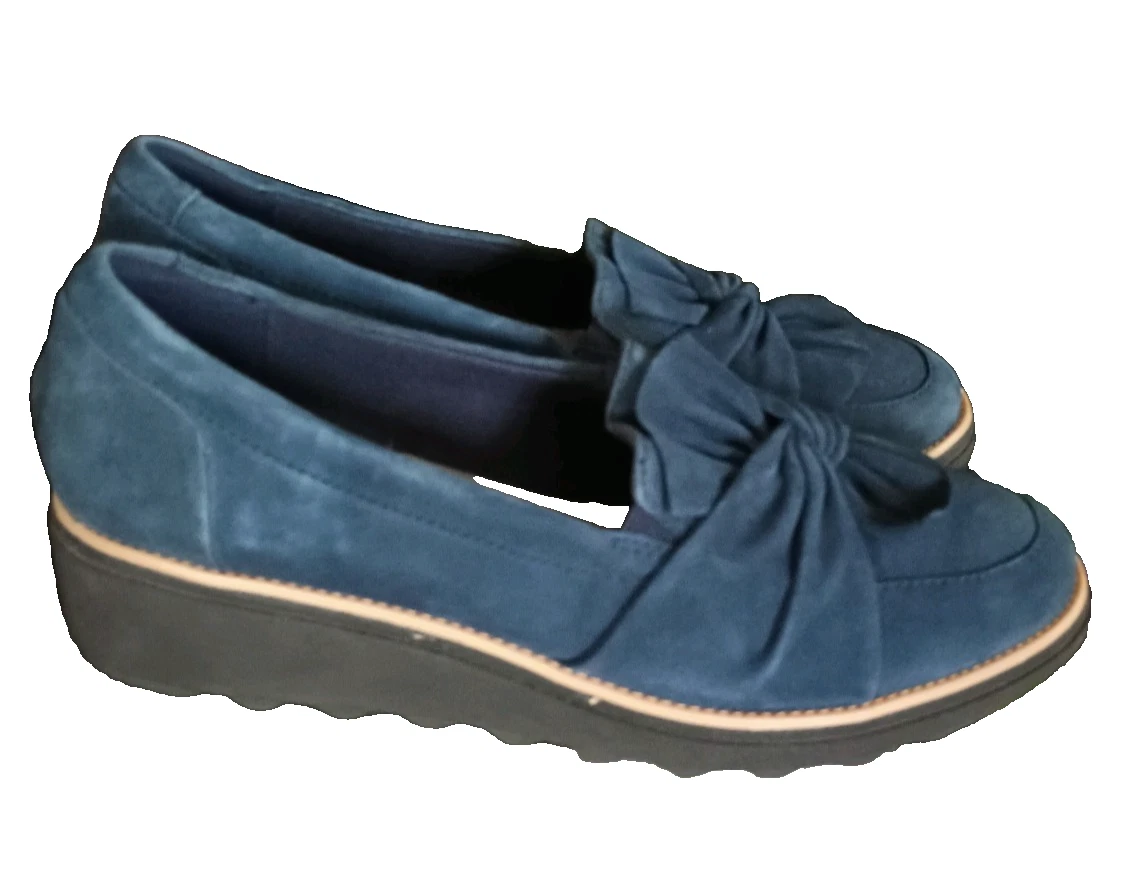 Scarpe Clarks Cushion Sharon Dasher blu scamosciate mocassini plarform donna 11 slip on