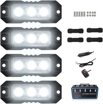 4x Offroad White Strobe 3-LED Grille DRL Marker Flash Lights Controller Kit