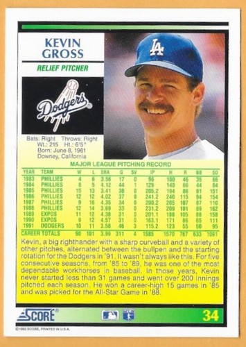 KEVIN GROSS LOS ANGELES DODGERS #34 - PUNTUACIÓN CASI NUEVA - NUEVO COMO NUEVO 1992 - Imagen 2 de 2