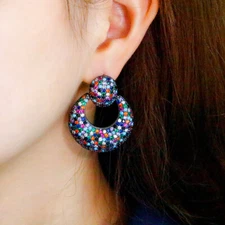 Women Retro Earrings Drop Black Gold Plated Multicolor CZ Zirconia Party Jewelry