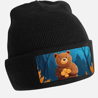 Black Cool Bear Cookie Beanie Hat - Unisex Cap, Cotton
