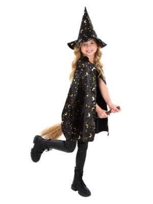Hexen Set Black Witch Mädchen Halloween Umhang + Maske Set Kostüm Alter 4-12