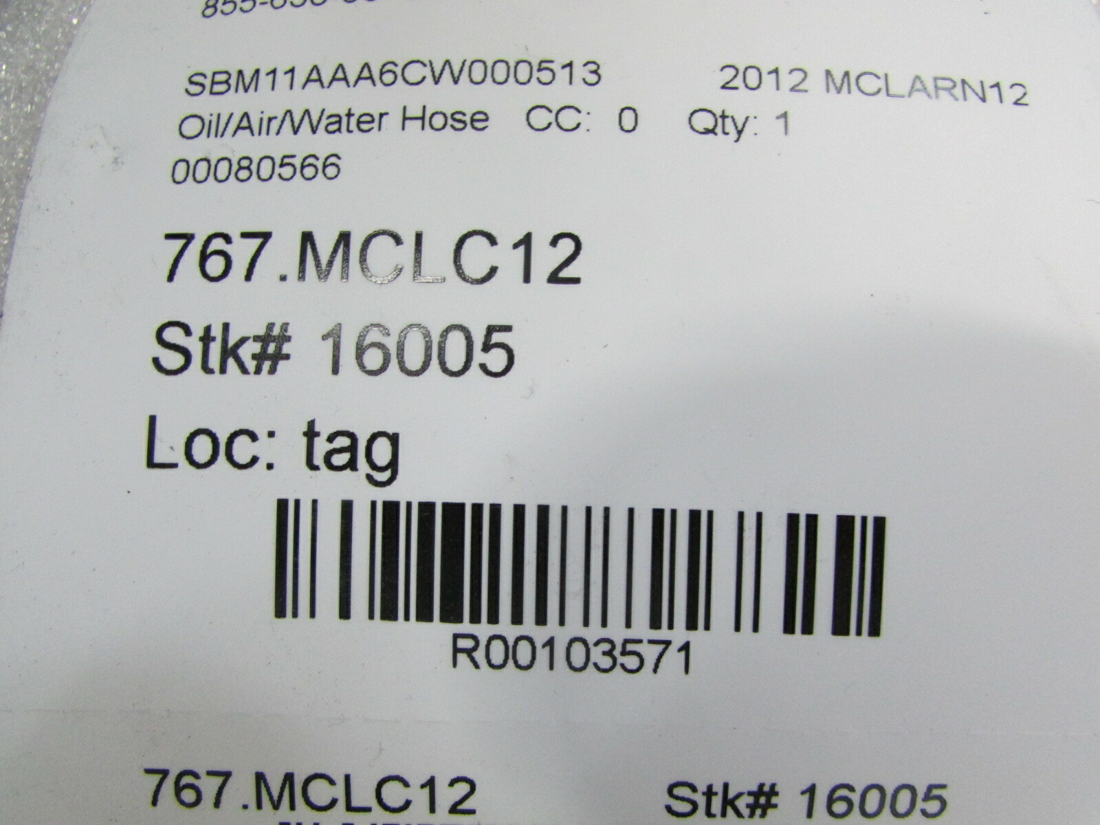 McLaren MP4-12C, Water Hose, Used, P/N 00080566