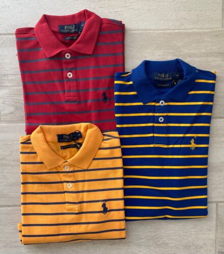 Polo neuf avec étiquettes Ralph Lauren garçons à rayures coton maille rouge, bleu, jaune 5y-10 ans - Photo 1/25