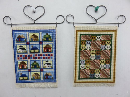 COMPLETED Small Bell Pulls Cross Stitch Wall Hangings CAT FACES & HOUSES Set