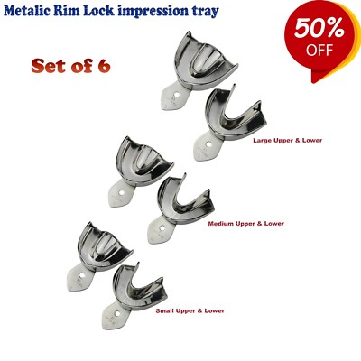Set of 6 Orthodontics Dental Impression Bite Trays Perforated Metalic Rim-Lock 