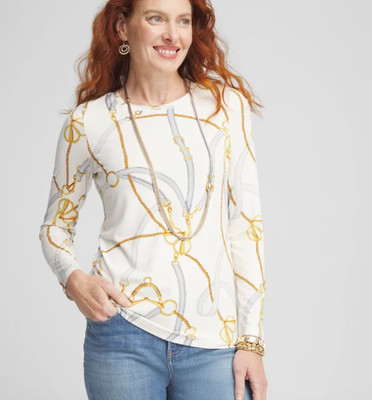 Chico's Touch of Cool Status Layering Tee Chain Equestrian Print Old Money XXL