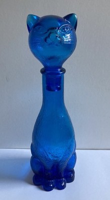Vintage Empoli Italienisch Blau Glas Katze Geist Flasche Leer Karaffe Langhals 37cm