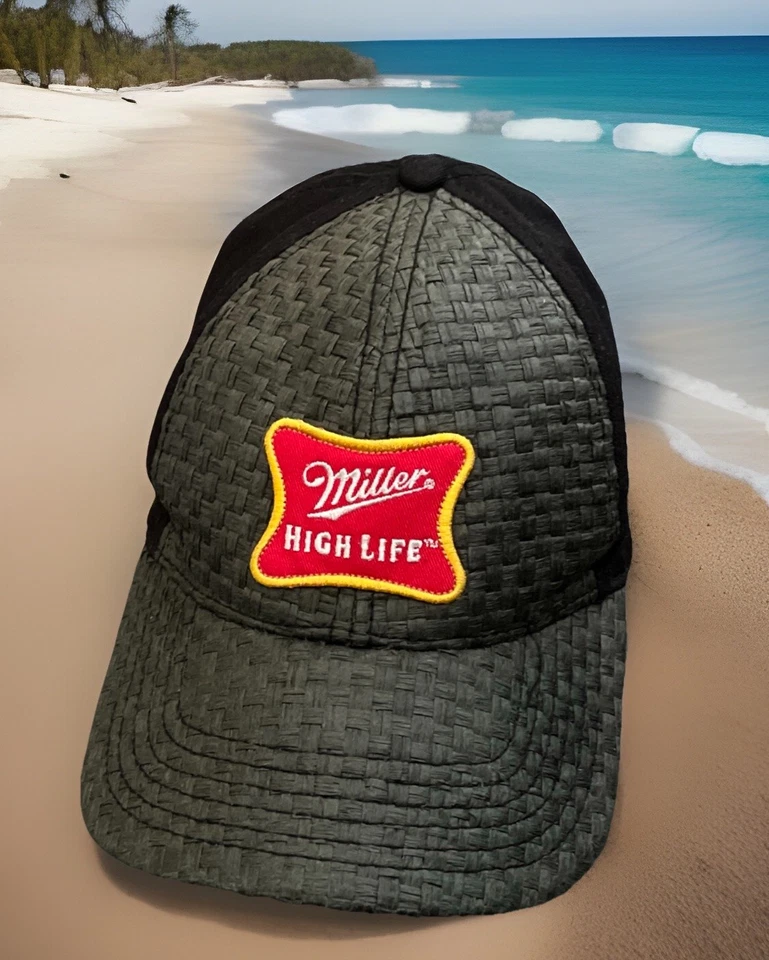 Gorra de béisbol Miller High Life OSFA sombrero de pesca tejido negro frente 2005 hombre cueva Foto 2 de 4