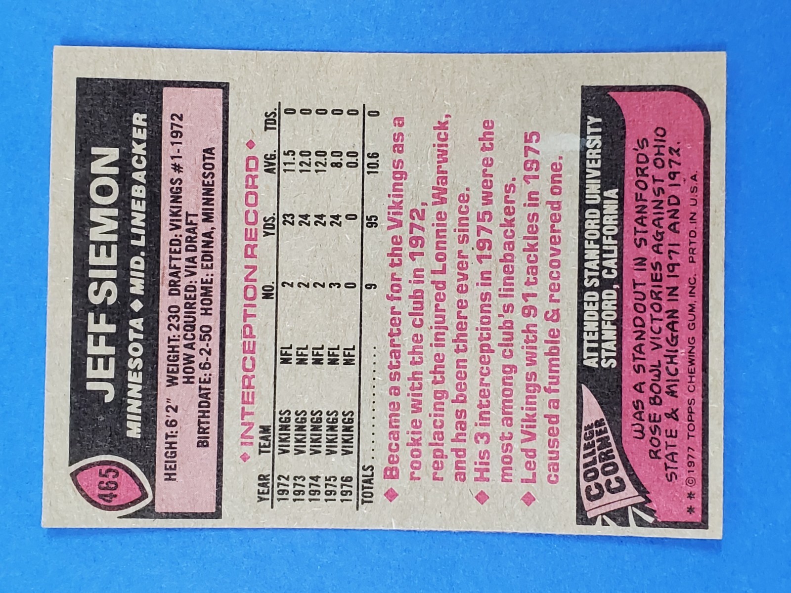 1977 TOPPS FOOTBALL #465 JEFF SIEMON HIGH GRADE NEAR MINT NRMT