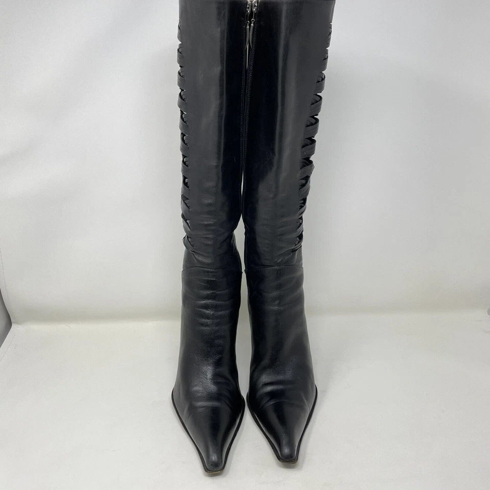 Cesare Paciotti Slim Leather Boots 37 7 Black Cross Weave Pointed Toe City Chic - Image 2 of 4