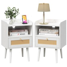 Set of 2 Boho Rattan Bedside Nightstands with USB Charging - Black