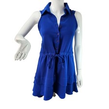 Nadia Sleeveless Blue Drawstring Tunic Mini Dress Womens 4 Button Front
