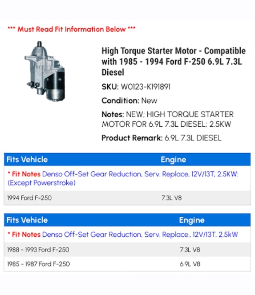 Arranque para camioneta Ford F-350 F-250 1985-1994 diésel 7,3 L 6,9 L 116930A1 A47496 Foto 3 de 4