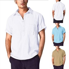 BIG SALE Mens Cotton Linen Button Shirts Short Sleeve Casual Work Tops Blouse
