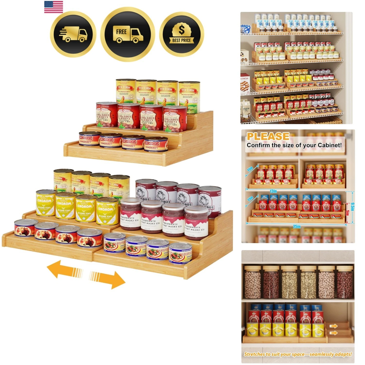 Expandable Bamboo Can Rack Organizer for Pantry, 3-Tier Adjustable Can Storag...