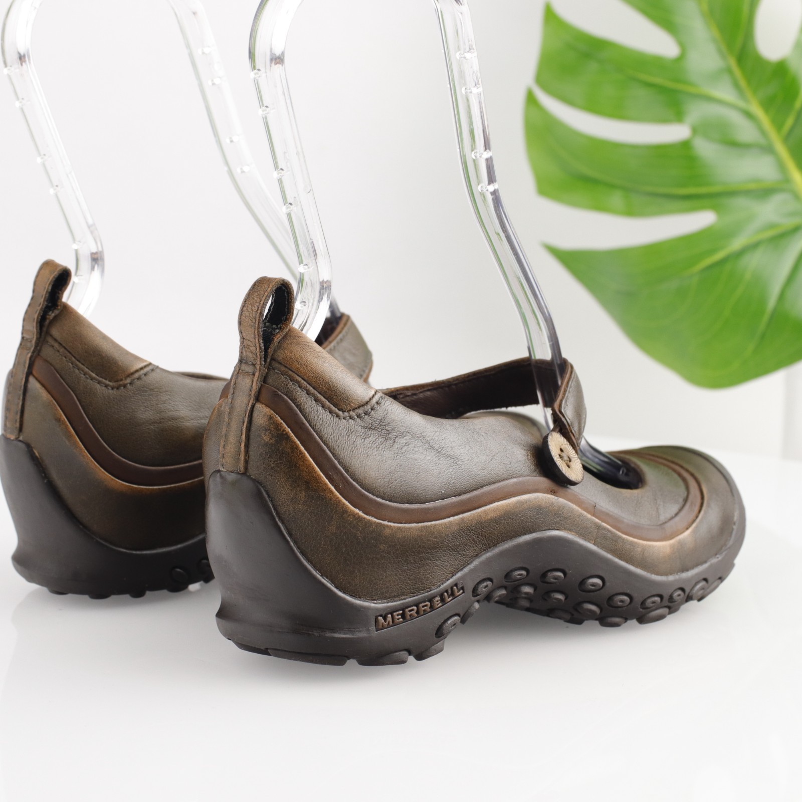 Scarpa Merrell donna Plaza Emme Mary Jane misura 8 5 pelle marrone zeppa tacco zoccolo