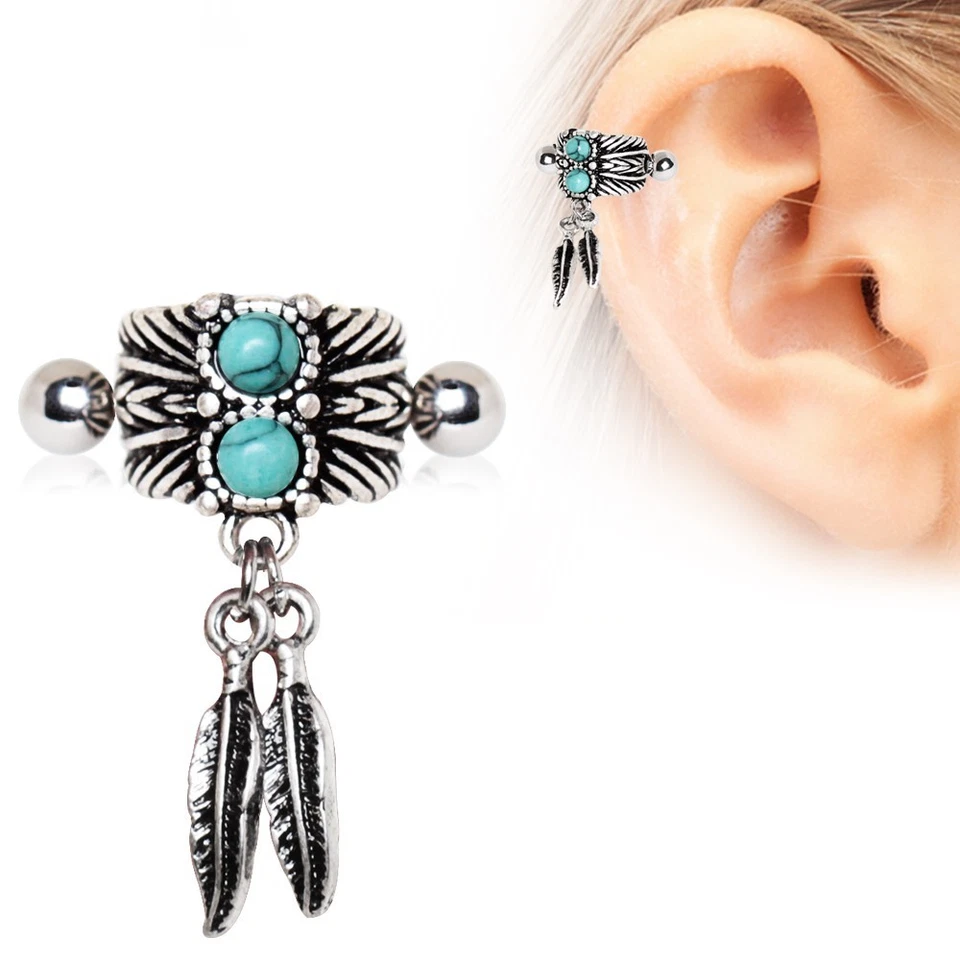 316L Stainless Steel Turquoise & Feather Cartilage Cuff Earring - Image 4 of 4