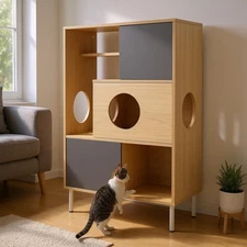 Furniture Style Cattery Cat Kitty Tree Supplies Storage Side Cabinet & Bookcase