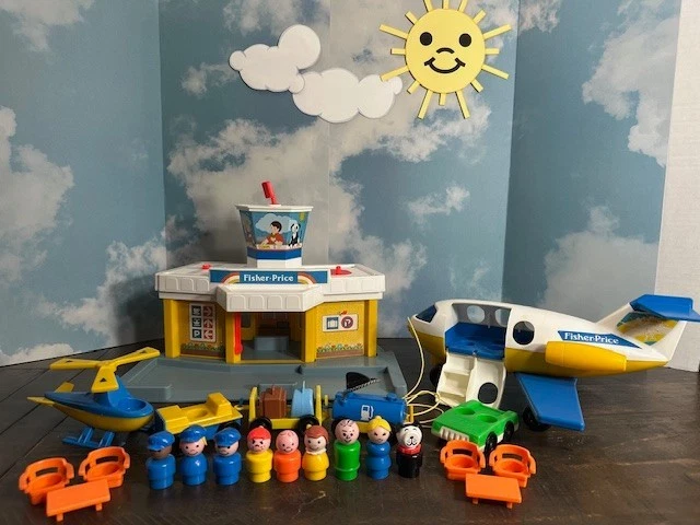 Fisher Price Aéroport Vintage Avec Avion Et Hélicoptère - Jeu Complet De 1980 - Boîte D'origine