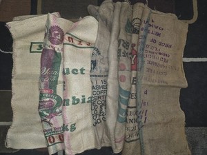 Vintage Burlap Jute Bags Coffee Advertisment. lot of 8 Rustic Decor.