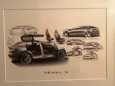 Tesla Model S und Model X Franz 2007 Authentic Sketch Drawing Print schwarz gerahmt
