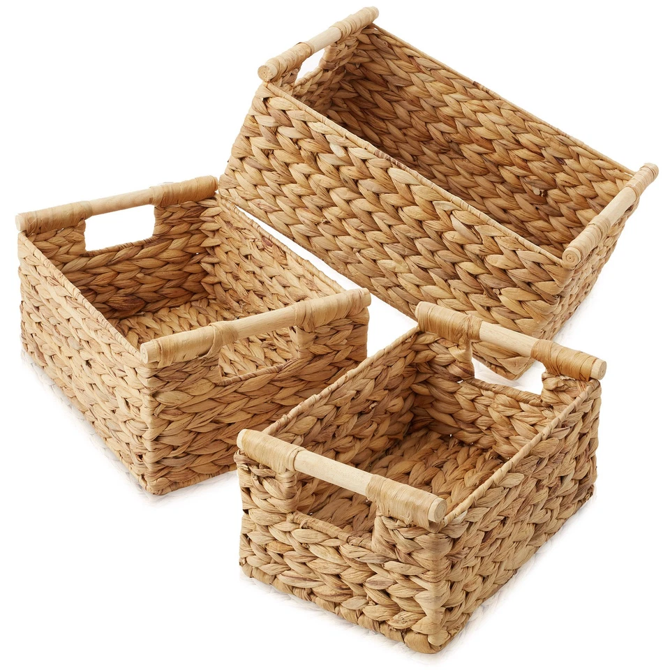 3-Piece Hyacinth Rectangular Storage Basket Set w/ Wood Handles, Natural Wicker - Image 2 of 4