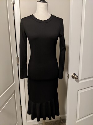 fitted lace wedding dress Black Ribbed Knit Long Sleeves Mermaid Dress – Hot Miami Styles main image 0