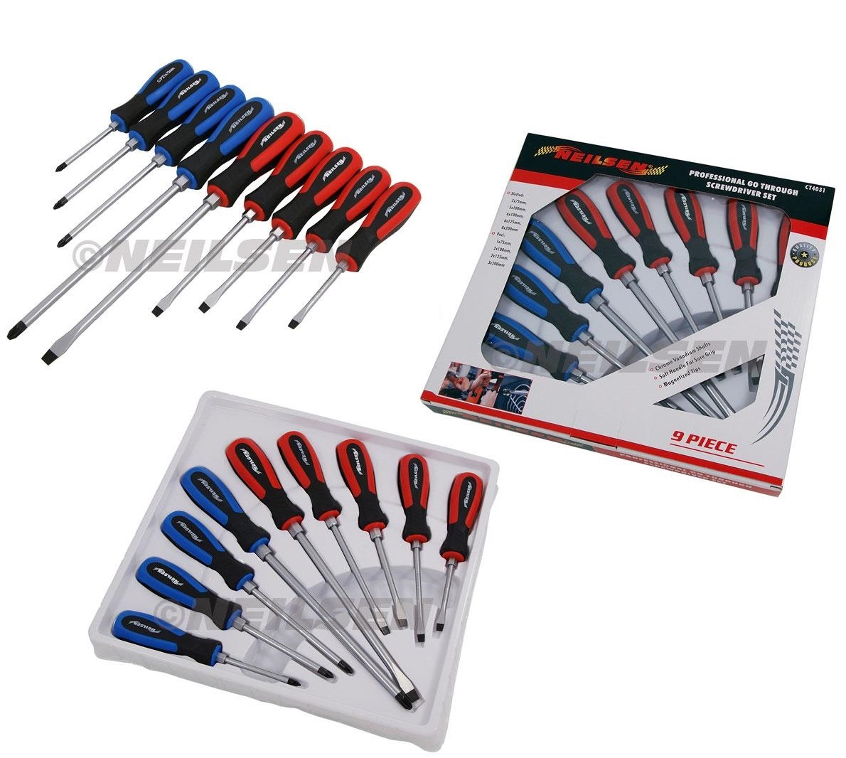 9pc Pro GO THROUGH SCREWDRIVER SET by NEILSEN TOOLS Magnetic Slotted & Pozi Tips