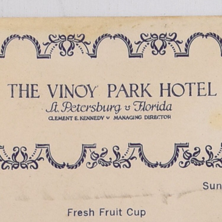 1941 The Vinoy Park Hotel Restaurant Menu Clement Kennedy St Petersburg Florida