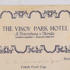 1941 The Vinoy Park Hotel Restaurant Menu Clement Kennedy St Petersburg Florida