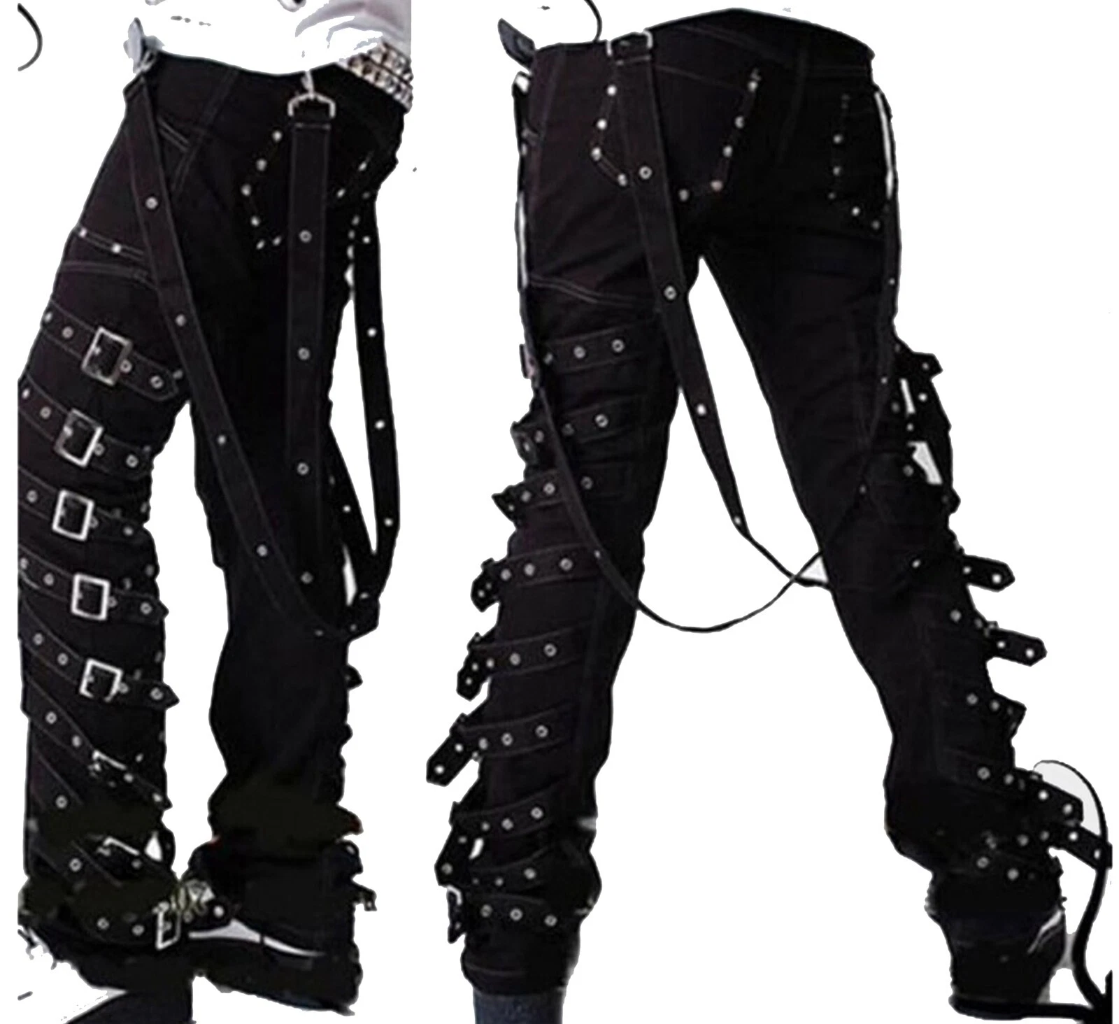 Puritues Men's Punk Rock Buckle Straps Black Slim Fit Gothic Trouser Pants