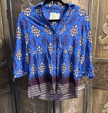 Maeve Anthropologie Blue Boho Southwestern Button Down Top Size 2 C14