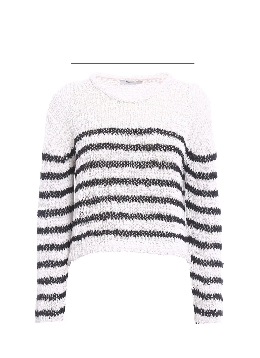T by Alexander Wang Knit Cropped Crew Neck Striped Sweater White