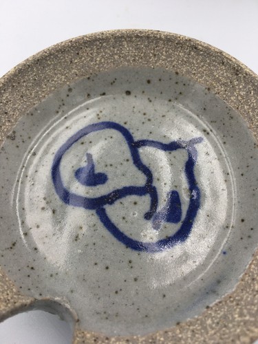 VTG 70s Stoneware Honey Jar Pot Bowl Blue Pear Design Hand Made Painted Repaired - Picture 5 of 8