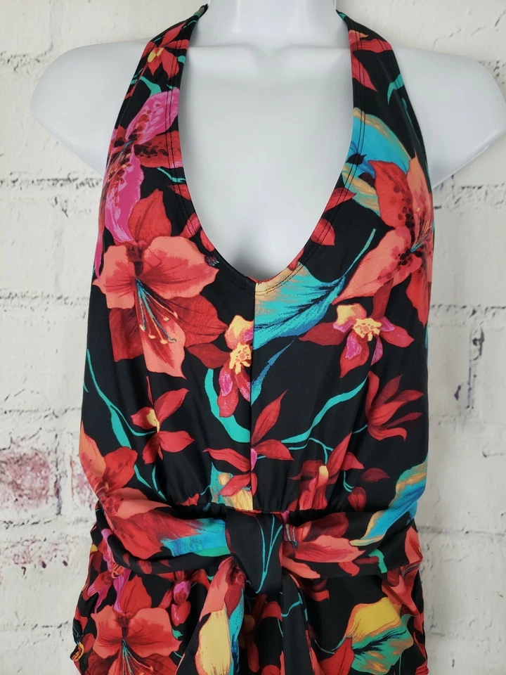 Traje de baño Tropical Escape de una pieza talla 12 multicolor floral halter corbata frontal Foto 2 de 4