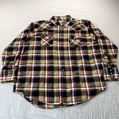 Ely Cattleman Shirt Mens XXL 2XL Black Beige Plaid Pearl Snap Flannel Western