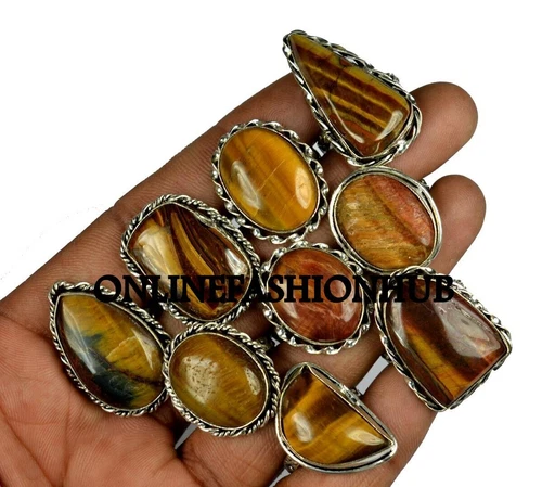 Alluring !! Tiger's Eye Gemstone 925 Sterling Silver Plated Wholesale Lot Rings - product listing photo