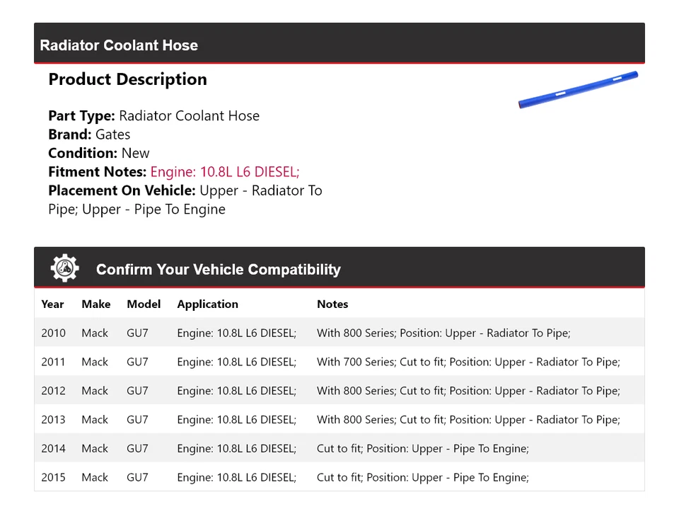 Para Mack GU7 2010-2015 10,8 L L L6 diésel radiador refrigerante manguera puertas 2011 2012 Foto 2 de 4