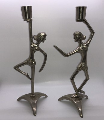 VGT MCM Silver Metal Candlestick Holders Women Figures  Bikini Dance Unmarked 