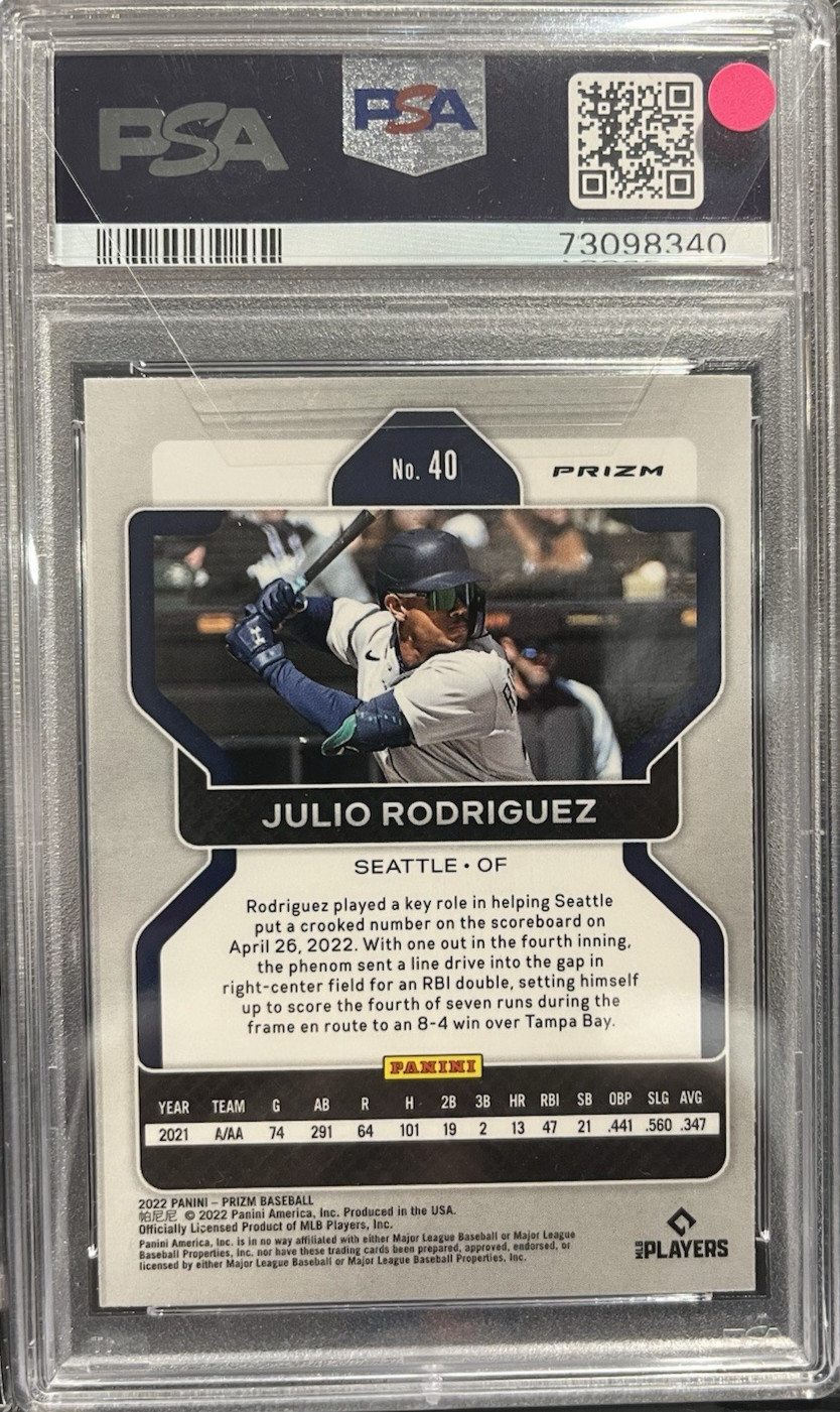 2022 Panini Prizm Julio Rodriguez RC Red/White/Blue Rookie #40 Mariners PSA 10 view 2