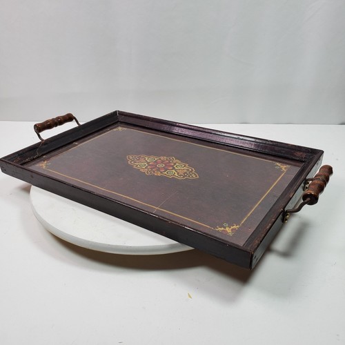 Antique Serving Tray Wall Art Abstract Under Glass Wood w/ Handles 17x11 Inch - Picture 5 of 8
