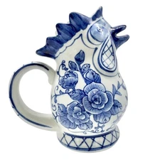 Vintage Rooster Pitcher Blue and White Ceramic With Floral Design 8 in Tall