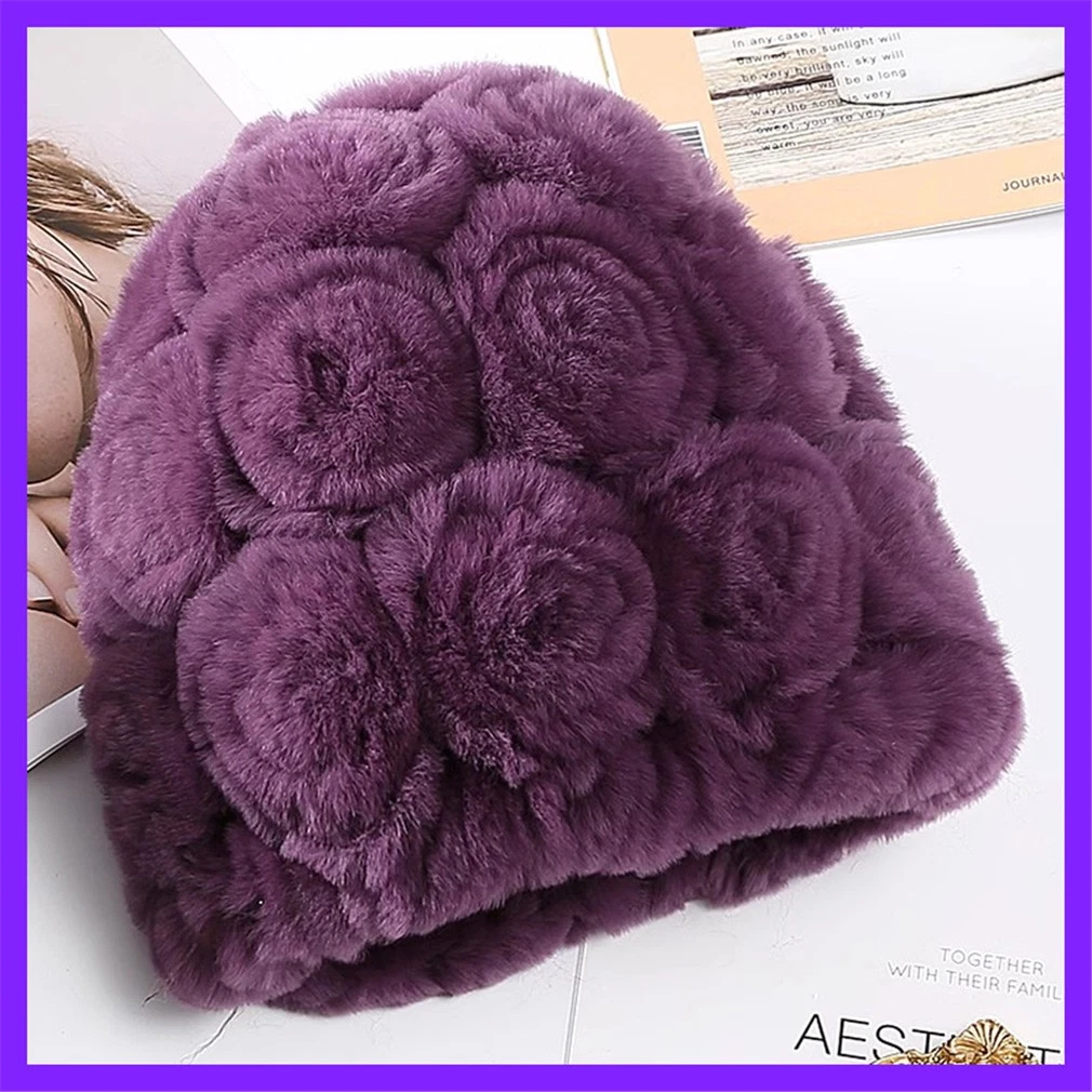 100% Real Rabbit Fur Hat and Scarf Thicken Winter Warm Knitted Cap for Women