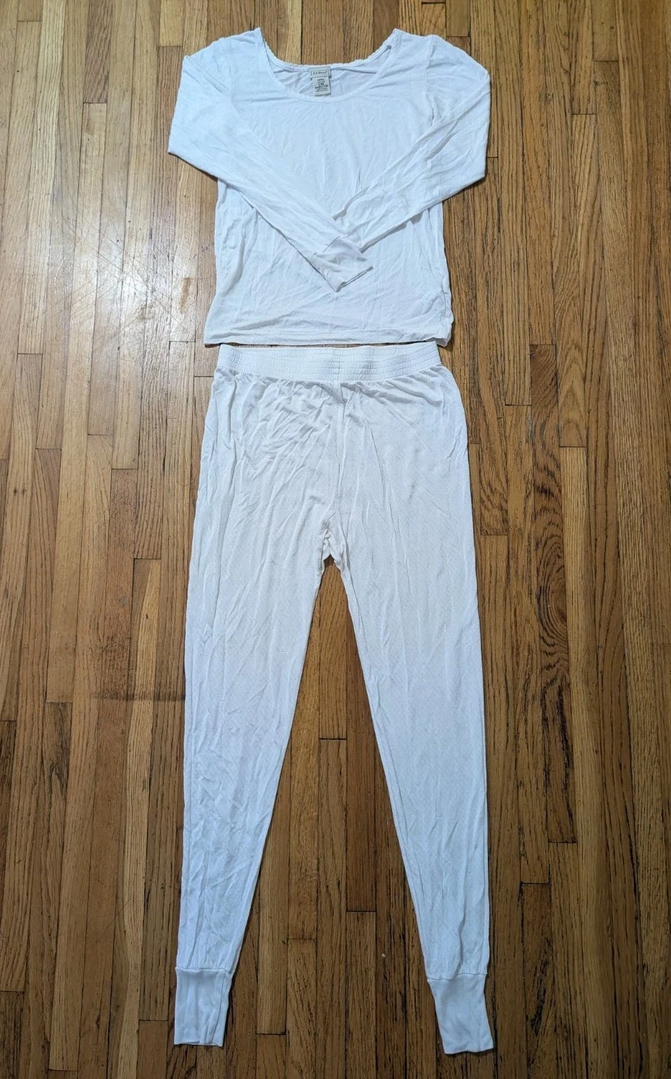 LL BEAN 100% Silk Shirt & Pants Womens Small Pointelle Thermal Off White Ivory