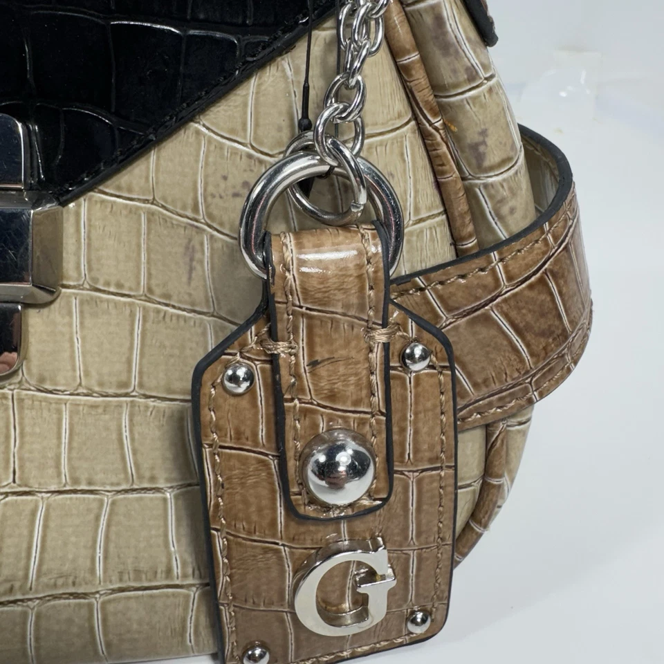 Vintage Guess Frontier Croc Embossed Hobo Bag Beige/Black Fall 2010 Medium Size - Image 4 of 4