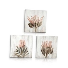 Canvas Wall Art Picture: Floral Print Rustic Pink Protea 12"x12"x3pcs Flower